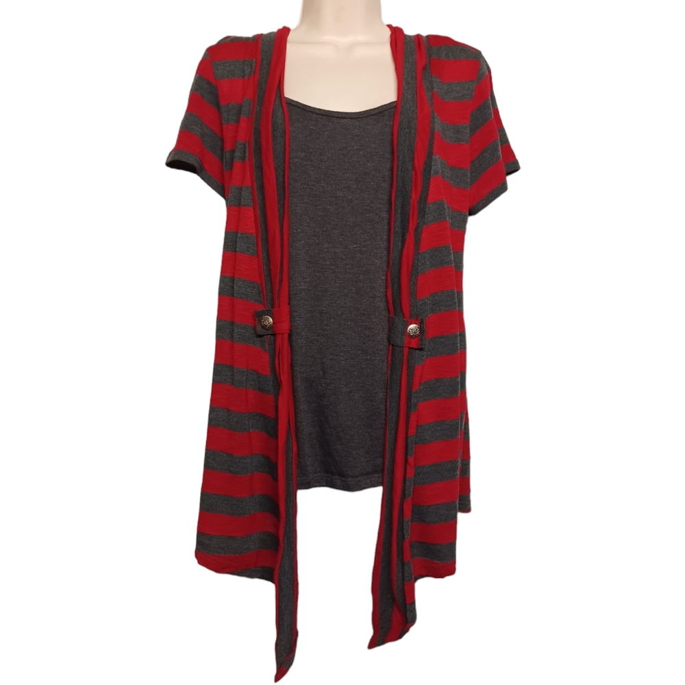 AGENDA Red Gray Stripe Print Illusion 2 Layer Cardigan Shawl Tank Top Large